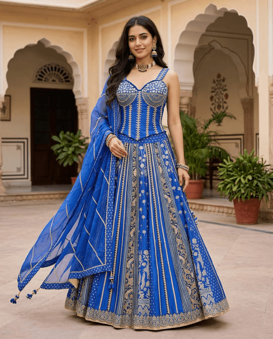 Cobalt Blue Corset Banarsi Lehenga (Customisable On Order)