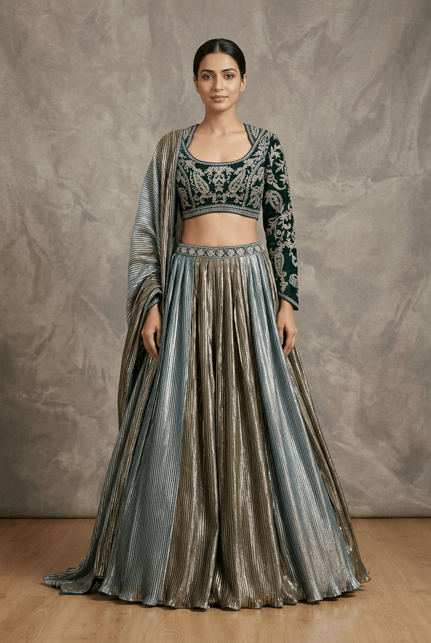 Teal & Green Pure Tissue Lehenga (Customisable)