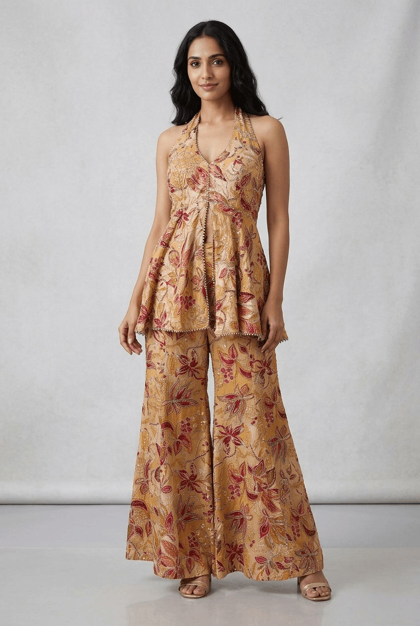 Soft Yellow Halter Indo Western With Floral Print