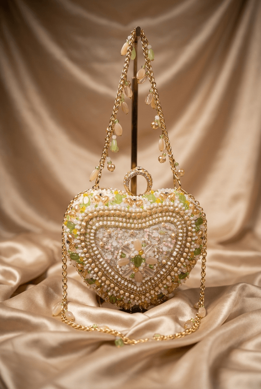 Heart Shaped Mini Beaded Clutch With Ring