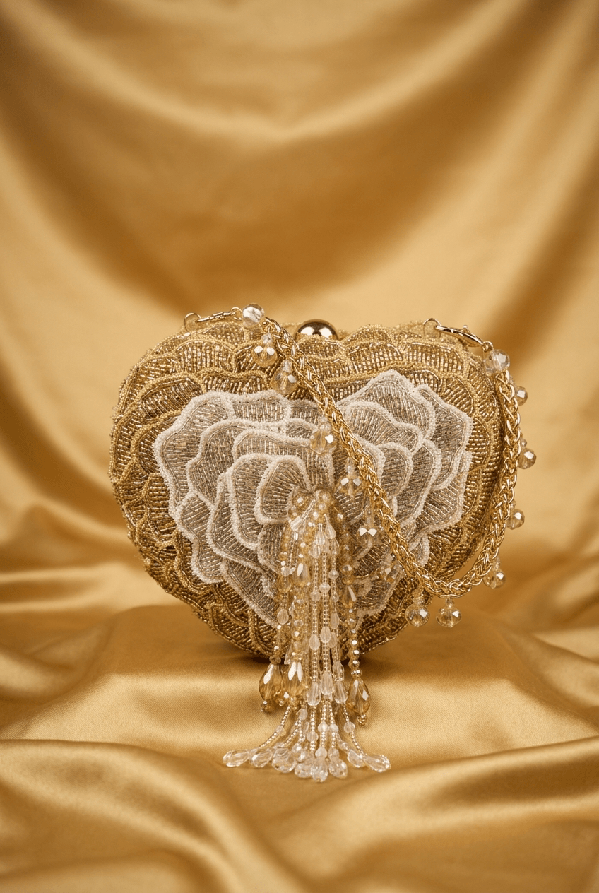Heart Shaped Mini Beaded Clutch With Tassel