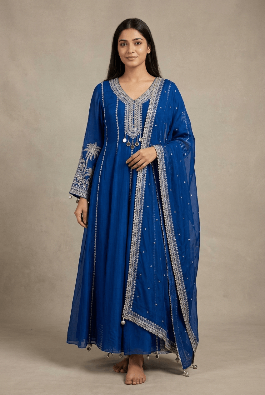 Cobalt Blue Straight Suit With Embroidered Detailing