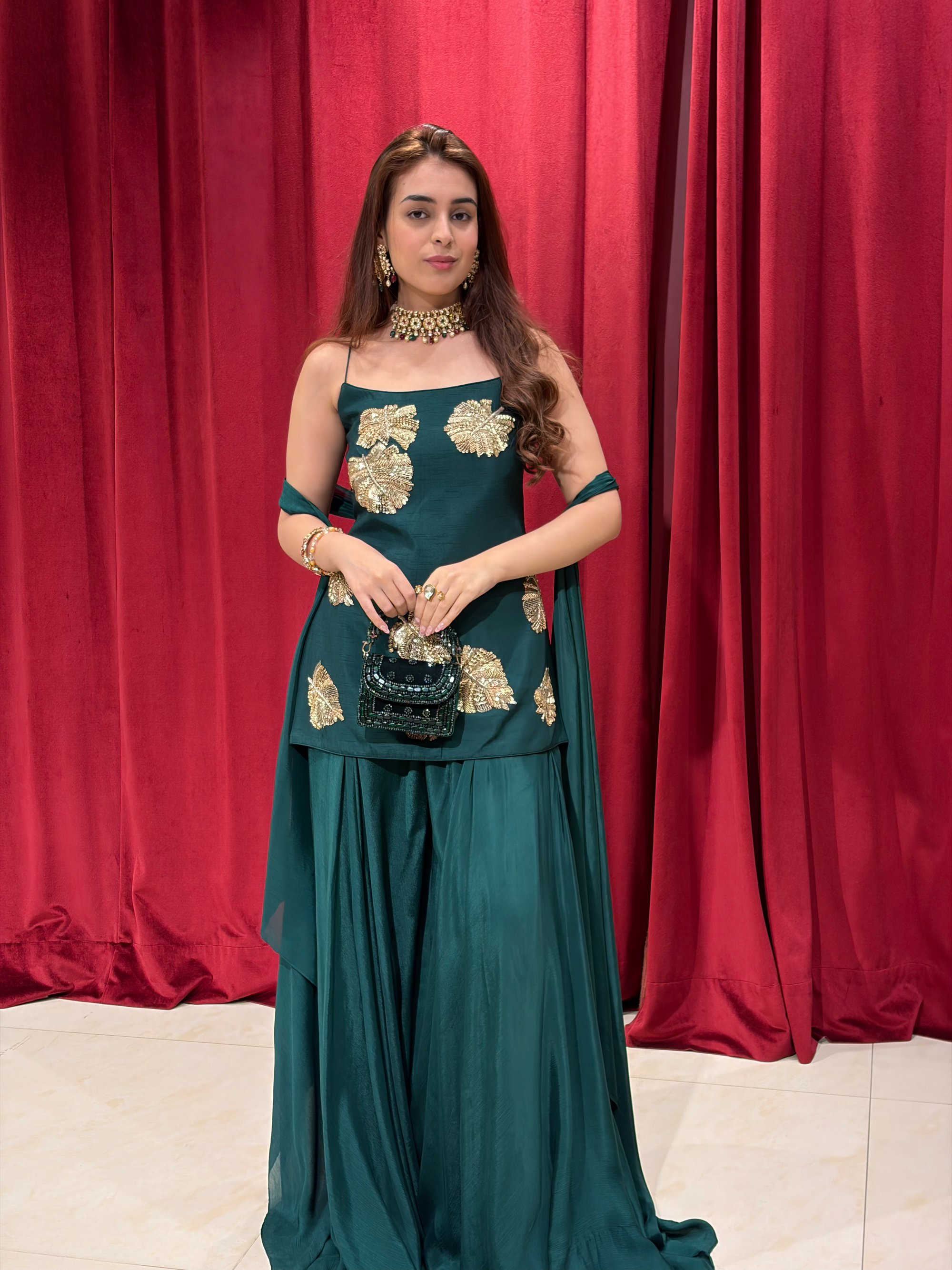 Forest Green Spaghetti Strap Sharara With Hand Embroidery