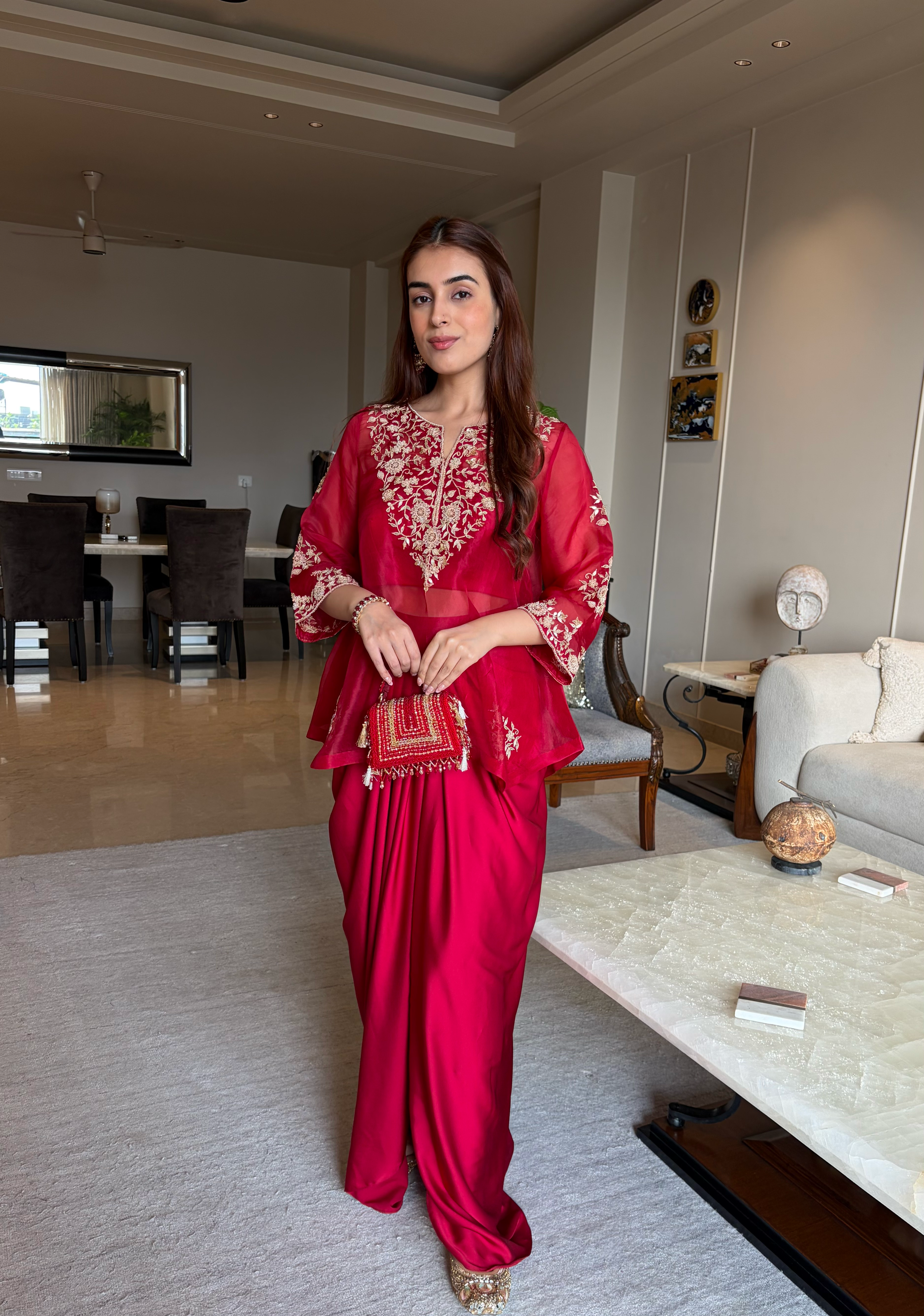 Red Organza Shirt With Satin Dhoti Skirt (Customisable)