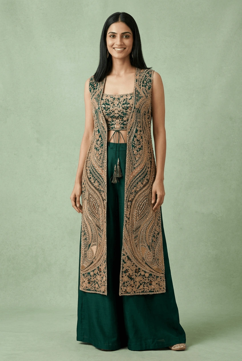 Zariya Deep Green Jacket Palazzo Set